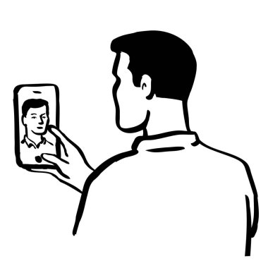 Arka planda izole edilmiş arka planda çekilmiş akıllı telefon kamerasıyla selfie çeken bir adamın robot resim çizimi..