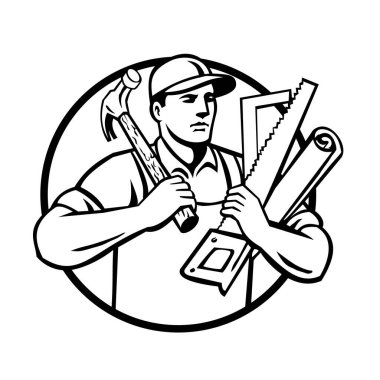 Bir tamirci, esnaf, tamirci, marangoz ya da zanaatçının maskot çizimi ön çemberin içerisinden izole edilmiş arka planda siyah-beyaz olarak gösterilen araçlarla..