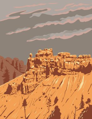 Bryce Point 'in WPA poster sanatı. Bryce Amfitiyatrosu. Bryce Canyon Ulusal Parkı' ndaki kabadayılar.