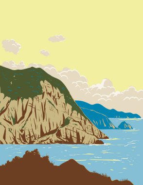 Osezaki Uçurumunun WPA poster sanatı Japonya 'nın kuzeybatısındaki Nagasaki ili Saikai Ulusal Parkı' nda yer almaktadır..