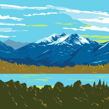 Yeni Zelanda 'nın Güney Adası' ndaki Fiordland Ulusal Parkı 'ndaki Te Anau Gölü' nün doğu kıyısındaki Murchison Dağları 'nın WPA sanat tasviri proje yönetiminde yapılmıştır..