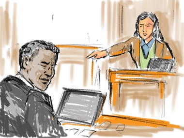 Pastel kalem ve mürekkep çizimi, mahkeme salonundaki duruşmanın genç beyaz bir kadın sanığın, davacının, tanığın, hukuk mahkemesindeki siyahi sanığı işaret ettiğini gösteriyor..