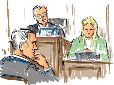 Pastel kalem ve mürekkep çizimi. Mahkeme salonunda yargıç ve genç bir kadın davacının duruşmada sanığın ifadesini alan tanık..