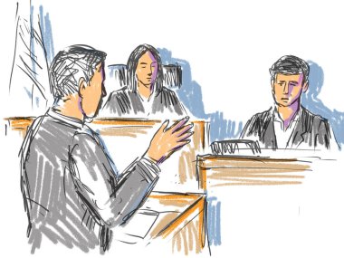 Pastel tükenmez kalem ve mürekkep çizimi mahkeme salonundaki duruşmada hakim ve avukatın genç bir sanığı, davacıyı ve tanığı sorguladığı bir çizim..