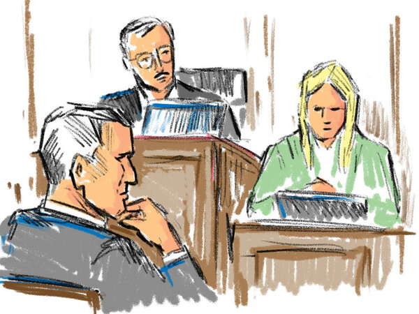 Пастельная карандашная ручка и чернильный эскиз иллюстрации судебного разбирательства с судьей и молодой женщиной-истцом, свидетельницей, дающей показания на трибуне подсудимого, смотрящего в суд.