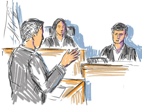 Пастельная карандашная ручка и чернильный набросок иллюстрации судебного процесса с судьей и адвокатом, допрашивающим молодого обвиняемого, истца, свидетеля, выступающего в суде.