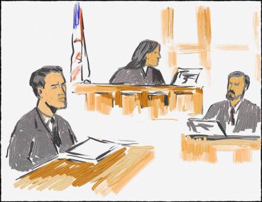 Pastel kalem ve mürekkep çizimi, kadın yargıç ve erkek davacının duruşmaya hazırlandığı bir mahkeme salonunun çizimi, tanık kürsüde sanıkla birlikte tanıklık ediyor..