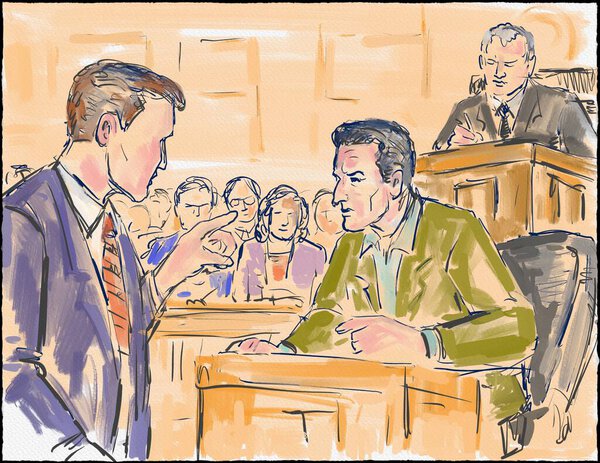 Пастельная карандашная ручка и чернильный эскиз иллюстрации судебного процесса с судьёй, показывающей адвоката, допрашивающего обвиняемого, истца, свидетеля по судебной драме в суде.