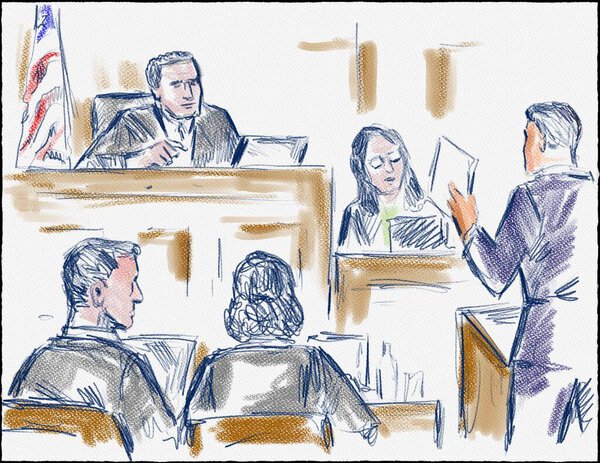 Пастельная карандашная ручка и чернильный набросок иллюстрации судебного процесса с судьей и адвокатом, допрашивающим обвиняемую женщину, истца, свидетеля в суде.