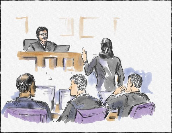Пастельная карандашная ручка и чернильный набросок иллюстрации судебного процесса с женщиной-адвокатом, спорящей с судьей в судебном деле в судебном суде и суде.