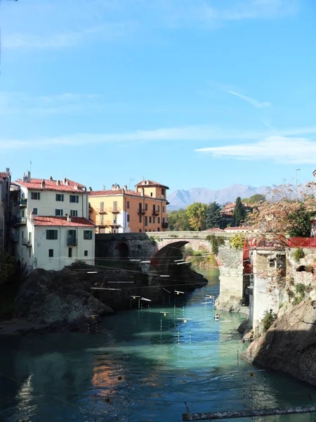 具有桥梁和城镇的河流景观 垂直景观 — 图库照片