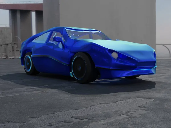 アスファルト道路上の青い車 3Dレンダリング — ストック写真