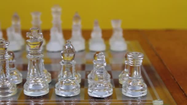Glass Chess Pieces Set Starting Position Board Dolly Shot Right — Stock Video