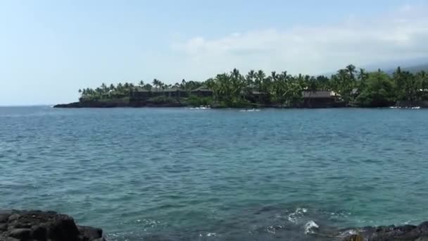 Panela Mão Baía Havaí Com Palmeiras Colinas Nuvens Água — Vídeo de Stock