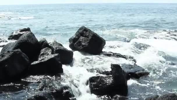 Hawaii Grote Eiland Zwarte Vulkanische Rots Met Zee Golven Brekend — Stockvideo