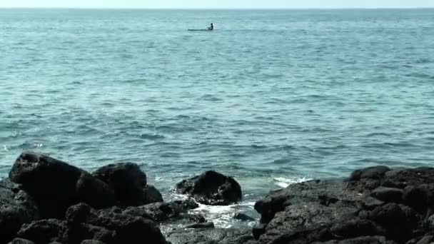 Single Person Paddling Canoe Screen Hawaii Big Island Sea Black — Stock video