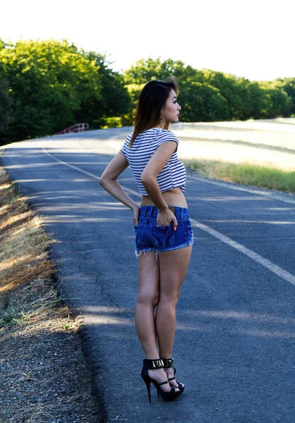 Asian American Woman Standing Edge Bike Path Cutoff Jeans Shorts — стокове фото