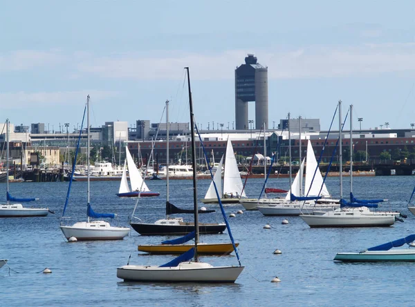Yelkenliler Yelken Açıyor Boston Limanı Massachusetts Teki Şamandıralara Demirliyor — Stok fotoğraf