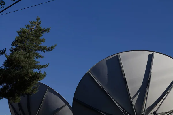 Back Side Two Large Communication Dishes Pointing Blue Sky — Stock Photo, Image