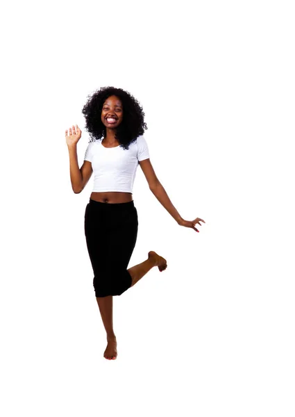 Big Smile African American Teen Woman White Background One Leg — Stock Photo, Image