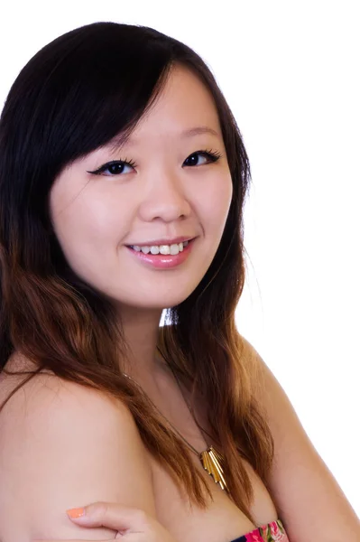 Portrait Épaule Nue Femme Américaine Chinoise Sur Fond Blanc — Photo