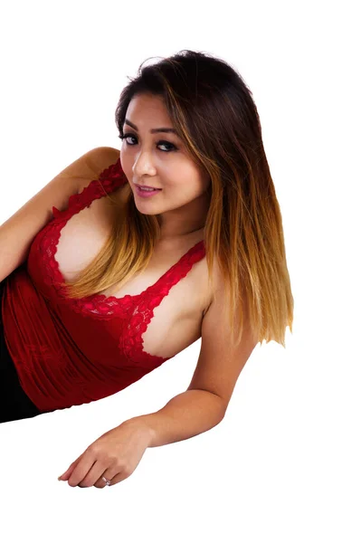 Attractive Asian American Woman Red Top Reclining White Background — Stock Photo, Image
