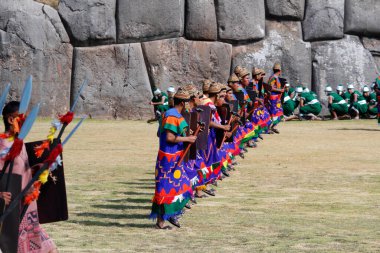 Inti Raymi Celebration Cusco Peru Line Of Soldiers With Shields And Weapons In Tradional Colorful Costumes