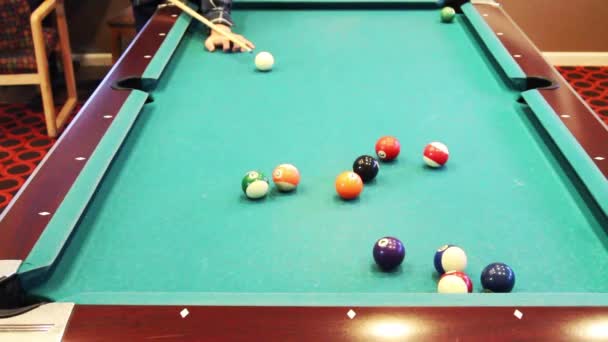 Successful Pool Corner Shot Far Table Stripped Ball — Video Stock