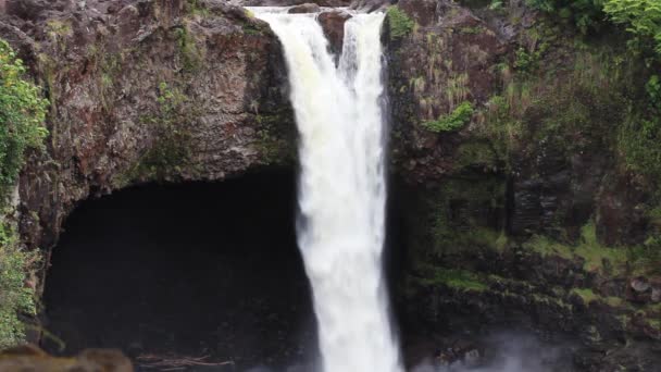 Agua Cayendo Cascada Sobre Acantilado Hilo Hawaii Rainbow Falls Big — Vídeo de stock