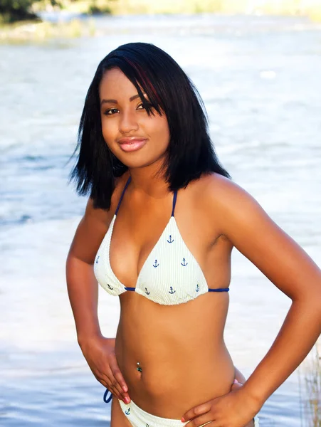 Young Hispanic Teen Woman Bikini Standing River Background — стоковое фото