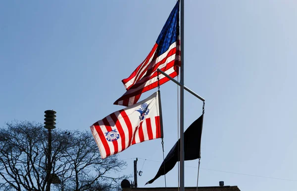 米国と沿岸警備隊の旗が青い空と太陽に照らされた北極を飛んで戻る — ストック写真