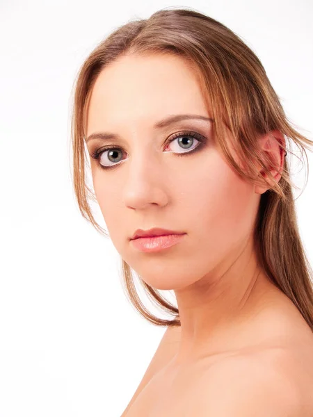 Retrato Joven Atractiva Mujer Caucásica Hombros Desnudos Sobre Fondo Blanco — Foto de Stock