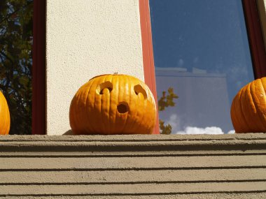 Balkabağı oyulmuş balkabağı ofis binasının kenarında gündüz vakti oturuyor.