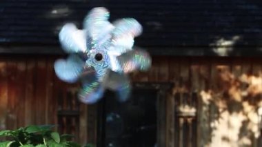 Arka planda ahşap bölmeli Pin Wheel Breeze Back Yard 'da dönüyor.