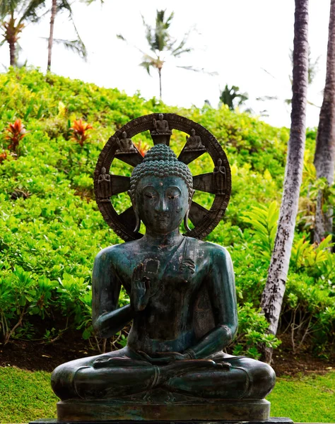 Estátua Buda Bronze Sentado Com Plantas Verdes Fundo Big Island — Fotografia de Stock