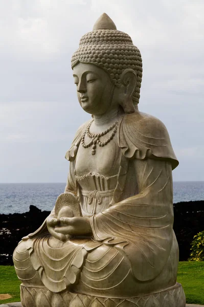 Buddhova Socha Venku Big Islandu Havaj Zataženou Oblohou Oceán Zelená — Stock fotografie