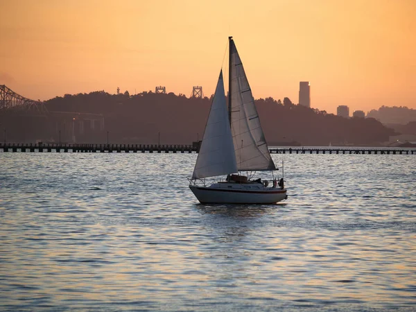 Sailboat Sail San Francisco Bay Some Buildings Background Orange Evening — Stock Photo, Image