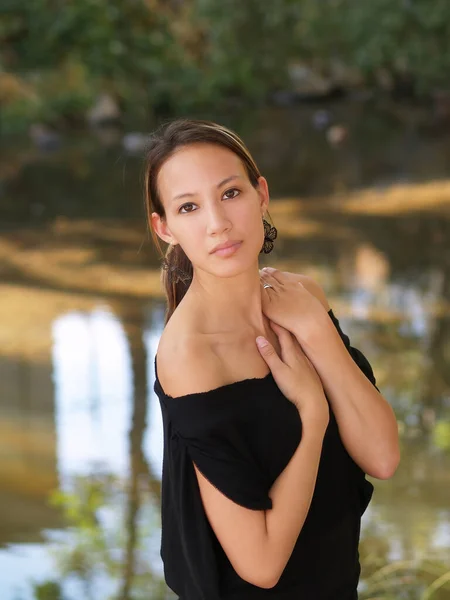Pretty Asian American Woman Outdoors Front Creek Black Top Shoulders — Stock Photo, Image