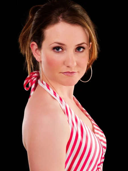 Blank Vrouw Portret Rood Wit Top Donkere Achtergrond Zoek Naar — Stockfoto