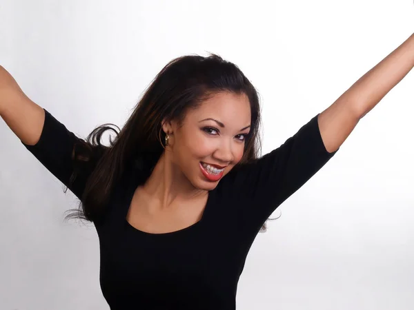 Attractive Slim African American Woman Arms Raised Smiling Braces Upper — Stock Photo, Image