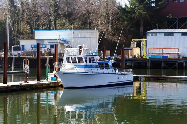 Marina Oturan Kiralık Bir Balıkçı Teknesi Arka Plandaki Bina Ağaçlarla — Stok fotoğraf
