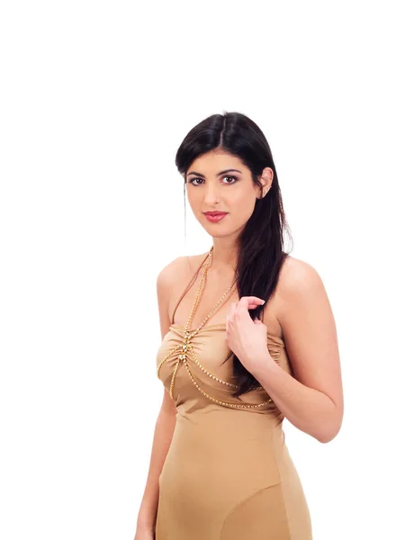 Νεαρή Όμορφη Γυναίκα Της Μέσης Ανατολής Bare Shoulder Brown Φόρεμα — Φωτογραφία Αρχείου