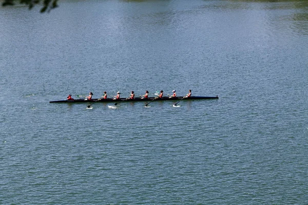 Women Pulling Oars Crew Boat Lake Folsom California Practicing Competition — Stock Photo, Image