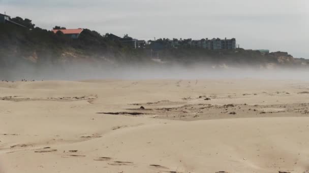 Nevoeiro Movendo Através Praia Areia Com Edifícios Penhasco Céu Nublado — Vídeo de Stock