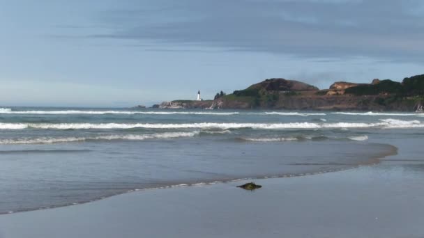 Deniz Feneri Tepeli Mavi Gökyüzü Newport Oregon Sörf Yapan Bir — Stok video