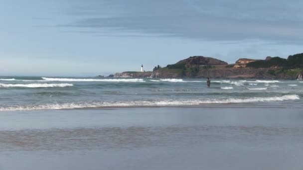 有灯塔山蓝天的海滩和一个在俄勒冈州新港冲浪的人 — 图库视频影像