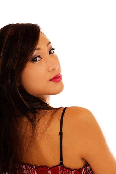 Приваблива Азіатська Американка Дивлячись Назад Плече Білому Тлі — стокове фото