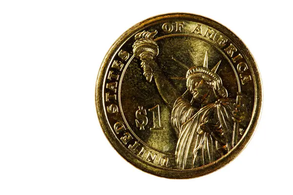 アメリカ合衆国の金属コインのテールサイド 白い背景の自由の女神との1ドル — ストック写真