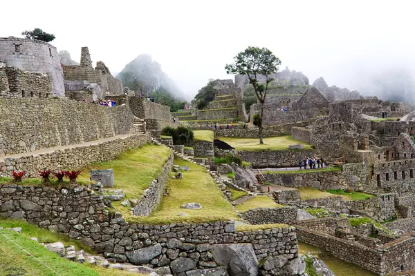 Turista Explorando Ruínas Incas Machu Picchu Peru América Sul Com — Fotografia de Stock