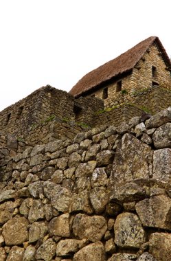 Machu Picchu Taş Duvarları ve Bulutlu Kulübesi Peru Güney Amerika 